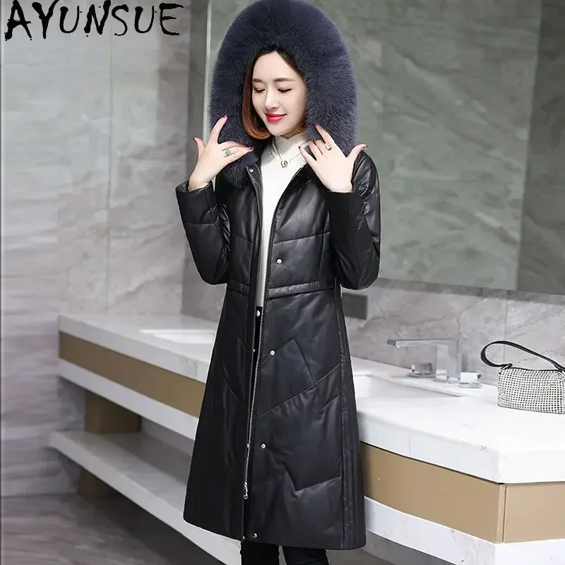 AYUNSUE-100% 정품 양피 롱 다운 코트 후드 가죽 자켓 여성용, 여우 모피 칼라 패딩 자켓