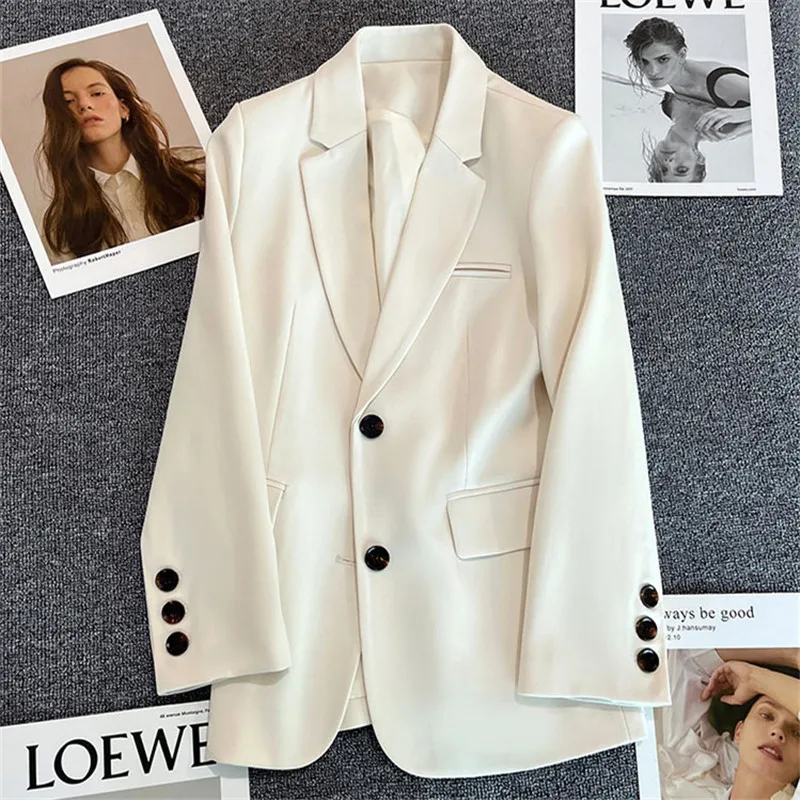 Elegant Office Lady Suit Jacket Long Sleeve Lapel Pocket White Women Blazer 2023 Spring Summer Fashion Button Korean Female Coat