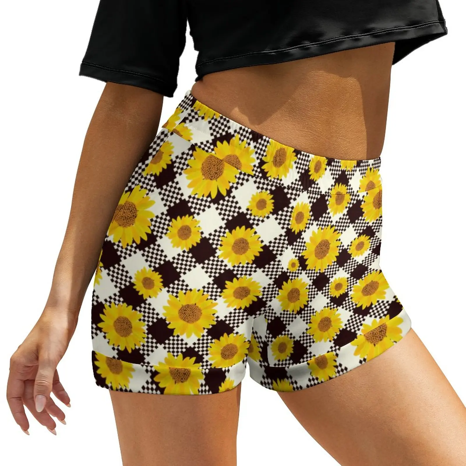Sunflower Checkerboard Shorts Woman Black White Plaid Casual Print Shorts Elastic Waist Oversized Short Pants Night Club Bottoms
