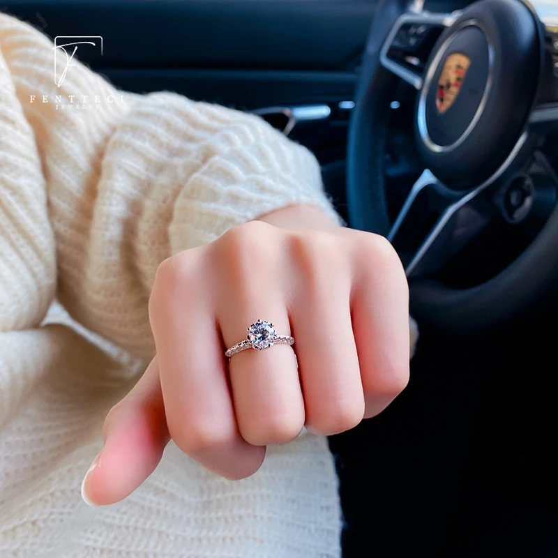 FENTTECI Luxury S925 Sterling Silver Platinum Plated Ring Flower Ring Moissanite Diamond Ring for Women Engagement Wedding Bands