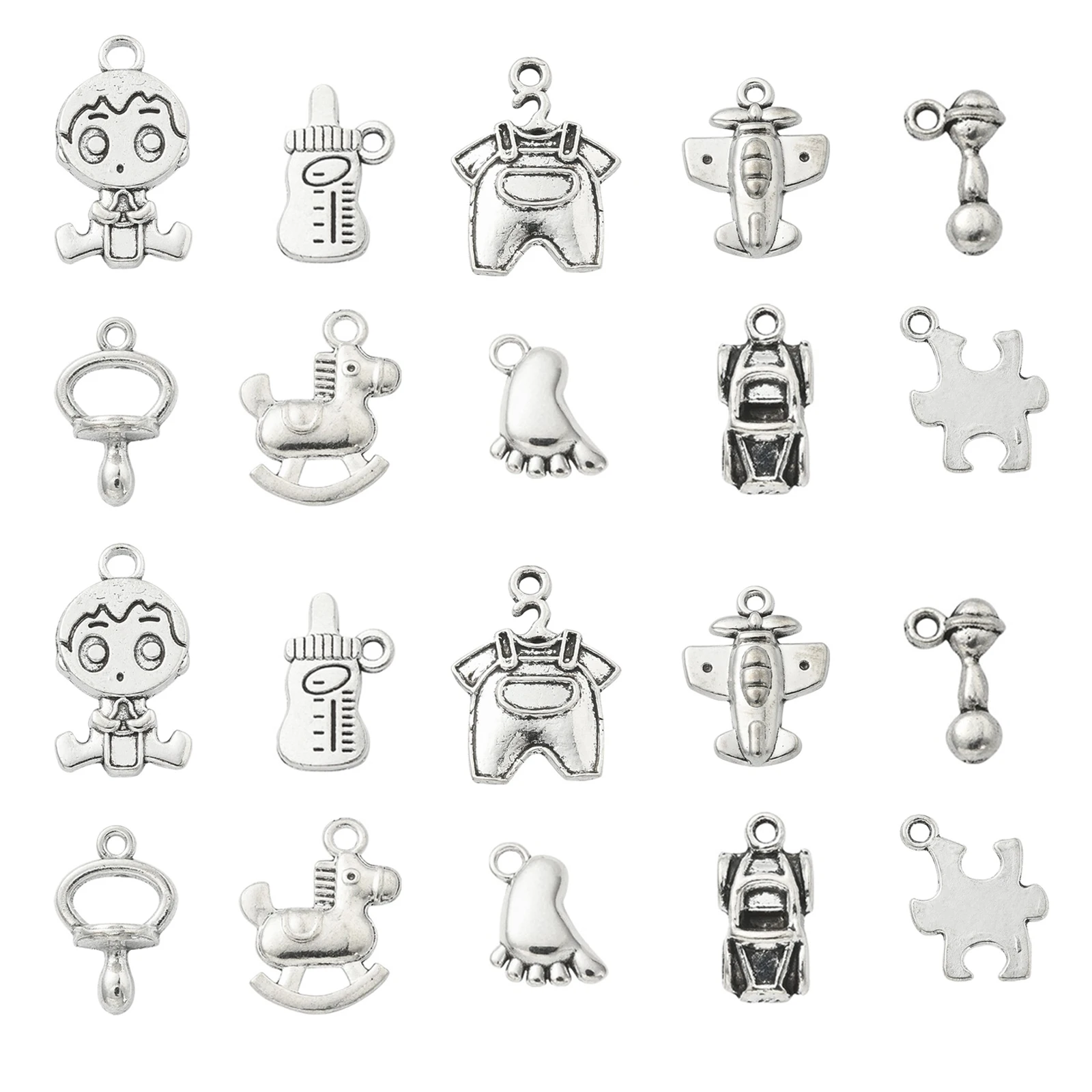 

Pandahall 100Pcs 10 Styles Baby Theme Charms Tibetan Milk Bottle Footprint Baby Game Charms for Birth Gifts Jewelry Making DIY