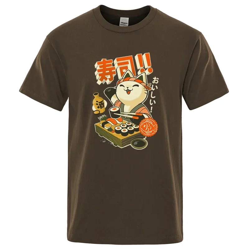 Японские суши шеф-повар кошка Мужская футболка свободная одежда уличные