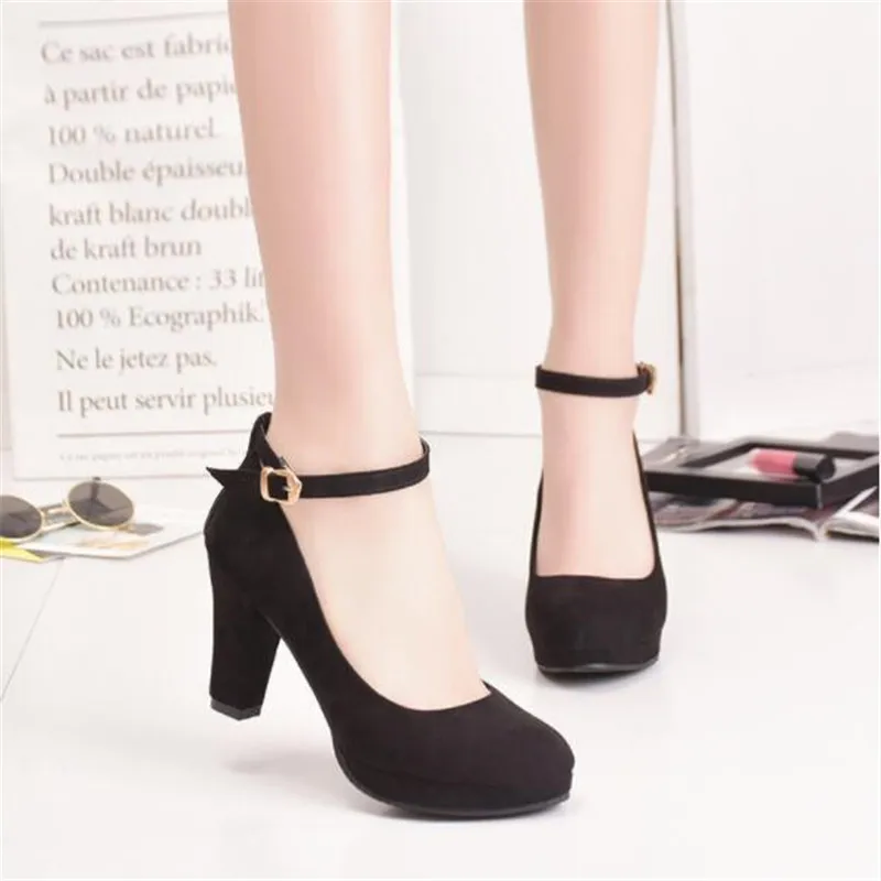 

Women's Fashion Pumps Sweet Woman Thick High Heels Ankle Strap Flock Female Platform Mary Jane Women Shoes Ladies Footwear