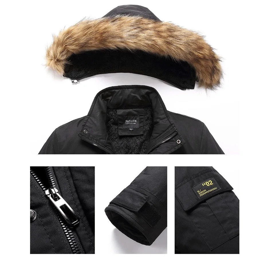 Mid-length Plus Velvet Thickened Hooded Warm Jacket Men's Outdoor Detachable Hooded Winter Jackets Men Plus Size Parkas