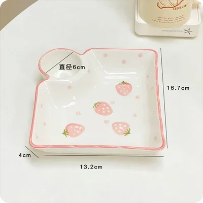 

Милая миска с клубникой и персиком, кухонная миска с ручкой, посуда, подарок для детей, девочек, женщин, керамический фруктовый салат, лапша, рамэн