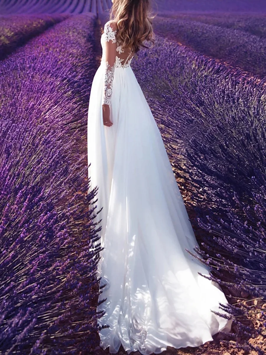 

VENSANAC Boho A Line Illusion Appliques Long Sleeve Chiffon Wedding Dress Sweetheart Sweep Train Lace Bridal Gowns