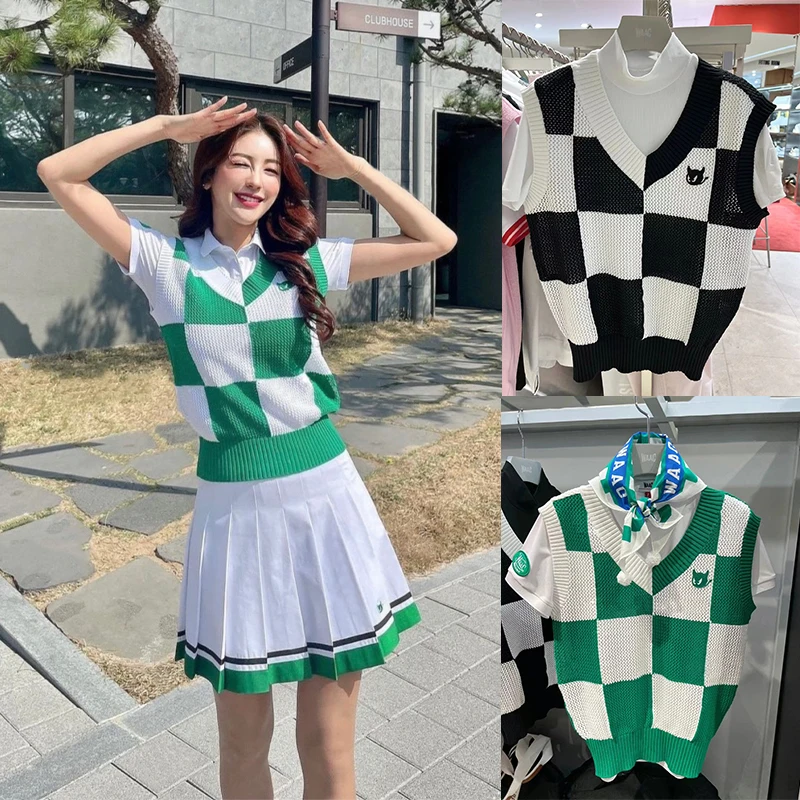 

Korean Golf Women's 23 Summer Versatile Knitted Checkerboard Sports Casual Age Reducing Vest Top