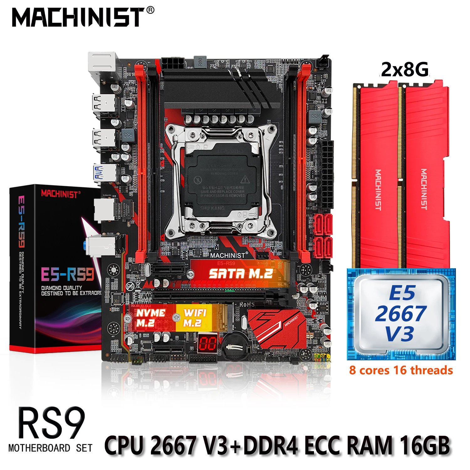 MACHINIST RS9 X99 Motherboard Kit Xeon E5 2667 V3 CPU 2x8=16G DDR4 ECC RAM Memory LGA 2011-3 Set Combo Nvme M.2 Sata 3.0 M-ATX