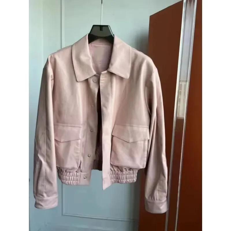 FKS @ Пальто с двойным карманом Дизайнерская кожаная куртка Coco Xili Розовый Осень