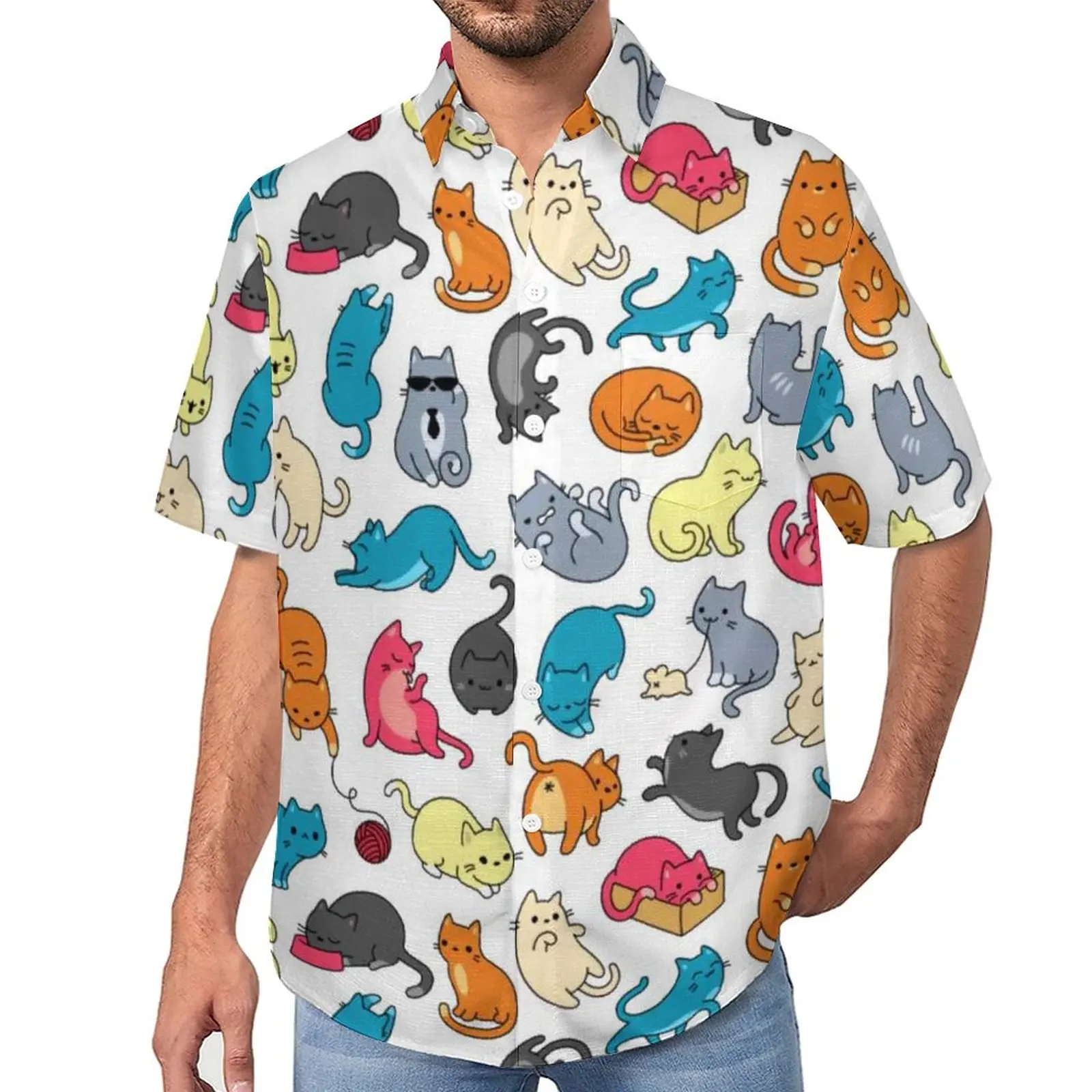 

Cartoon Meme Casual Shirt Cute Doodle Cats Vacation Loose Shirt Hawaii Novelty Blouses Short-Sleeve Graphic Oversized Clothes