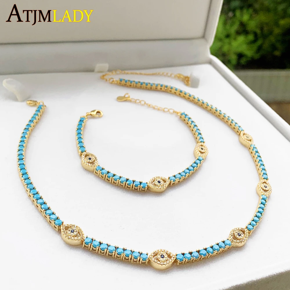 

New Turquoises Stone Paved Link Chain 35+10cm Gold Plated Blue White CZ Turkish Evil Eye Charm Choker Fashion Necklace for Women