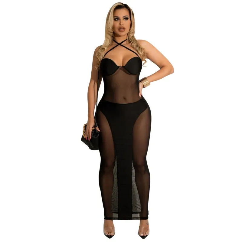 

Black Sexy Suspender Mesh Long Dress Women's Summer Sleeveless Halterneck Open Back Perspective Tight Dress Elastic Nightclub