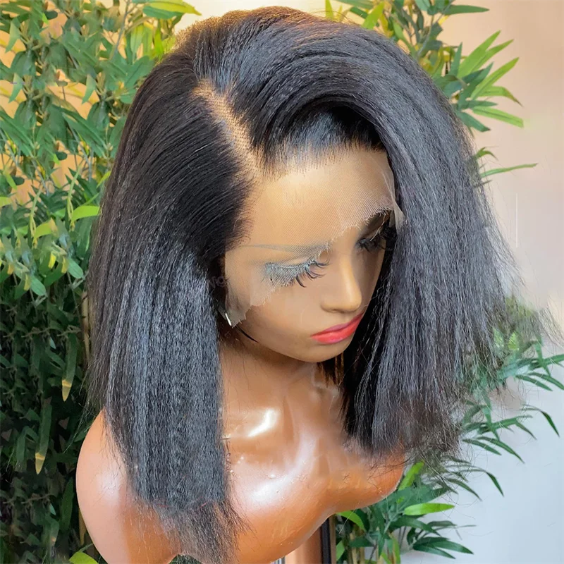 Soft Yaki 180 Density Short Bob Kinky Straight Short Cut Natural Wig Natural Black 13x6 Lace Front Wig For Women Daily