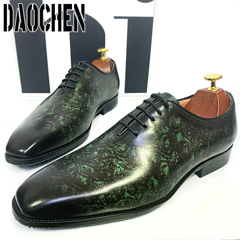 Luxury Brand Men Oxford Shoes Lace up Pointed Toe Casual Mens Dress Shoes Green Black Wedding Office Real Leather Shoes For Men