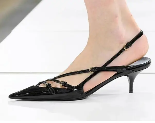 

Moraima Snc Runway Pointed Toe Thin Heels Women Pumps Patent leather Buckle Strap Dress Heels Slingback Shoes Pink White