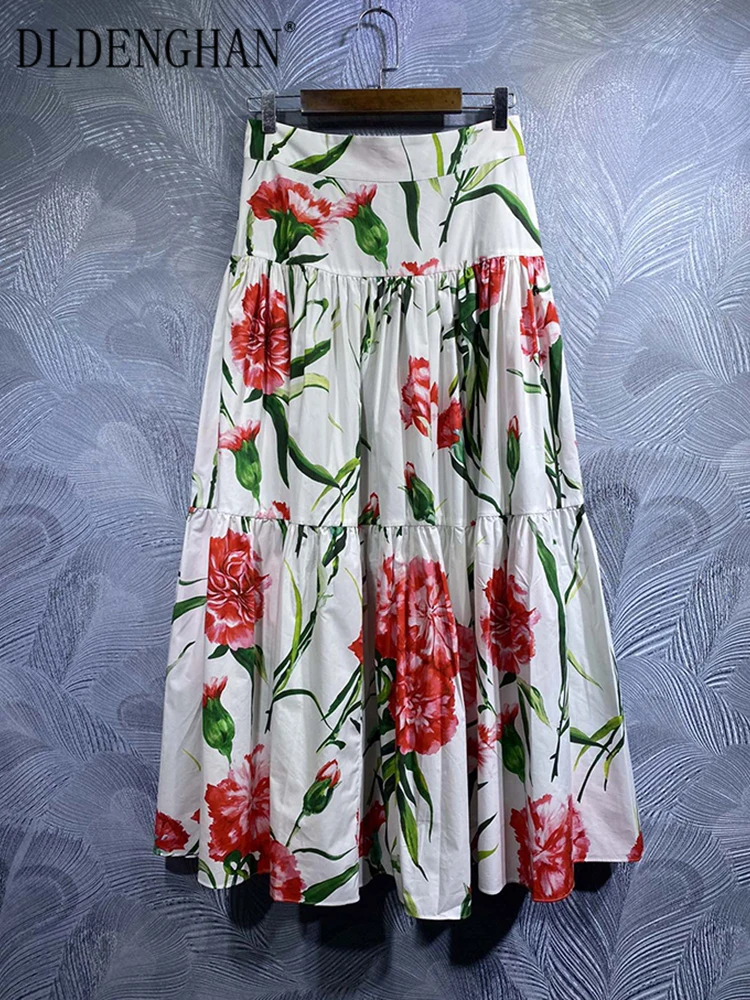 DLDENGHAN Spring Summer Women 100% Cotton Skirt High Waist  Flowers Print Elegant Party Long Skirt  Fashion Designer New