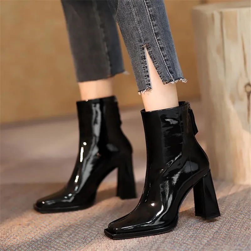 

Женские ботинки в стиле ретро, высокие ботинки на толстом каблуке, с квадратным носком, на молнии, однотонные, телесные, Осень-зима