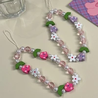 women wooden flower beaded mobile phone chain strap ornaments accessories wholesale