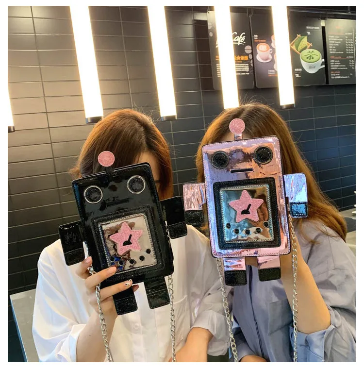 

Креативная яркая маленькая сумка с лазерным роботом для женщин, женская индивидуальная дизайнерская сумка через плечо с цепочкой, женская ...