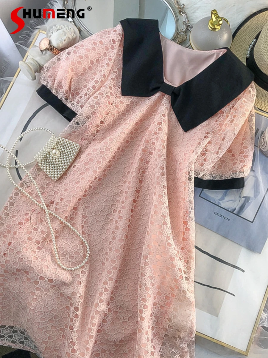 

French Fashion Sweet High Sense Contrast-Color Doll Collar Dress Women 2022 Summer New Fairy Crocheted Hollow-out A- Line Dress