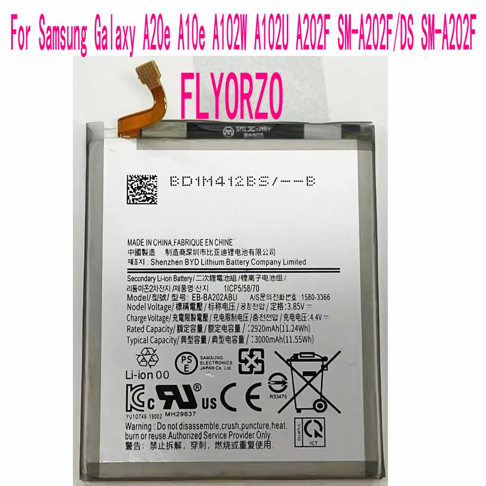 

EB-BA202ABU Battery For Samsung Galaxy A20e A10e A102W A102U A202F SM-A202DS SM-A202F Replacement Phone
