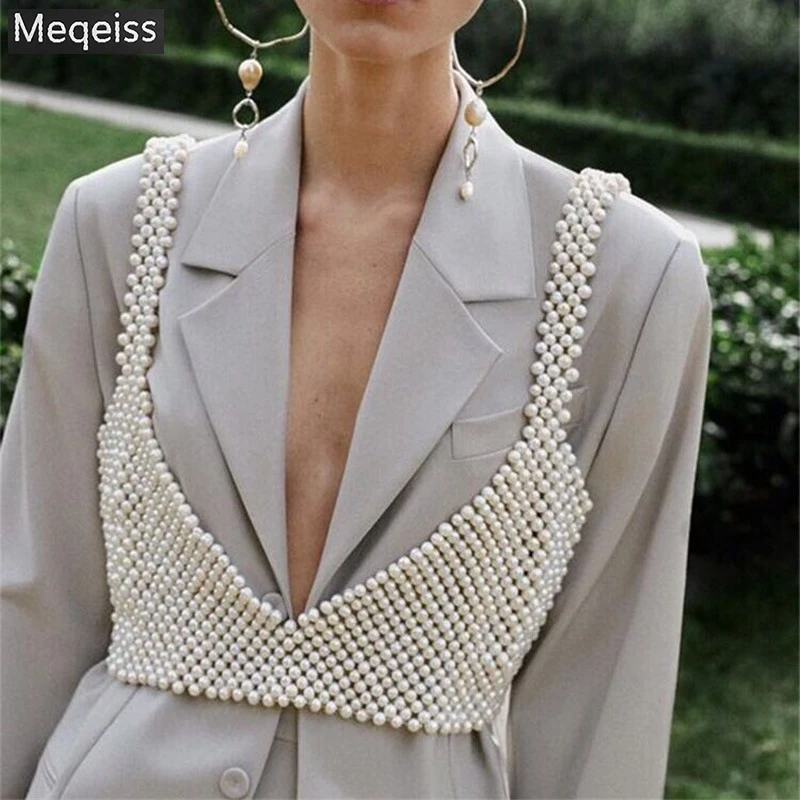 

Meqeiss 2022 New High Street Deep V Neck Pearl Vest Women Fashion Crop Top Ladies White Sleeveless Sexy Club Tank Top Blusas