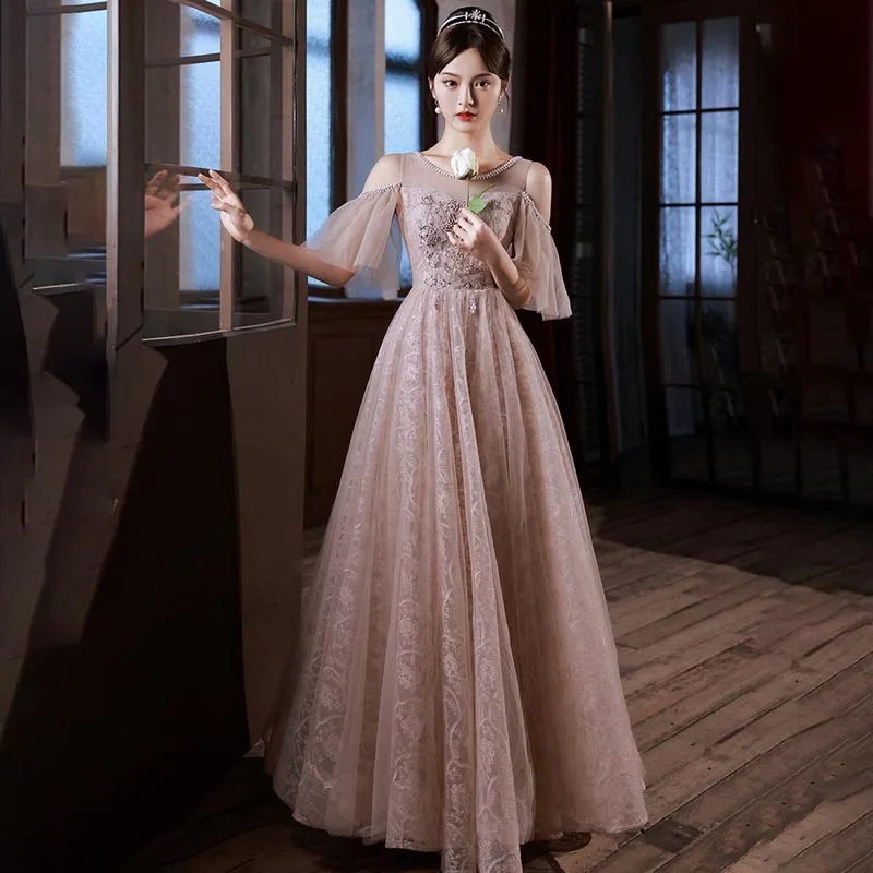 

Evening Dress O-Neck Appliques Empire Short Sleeves Floor-Length Fashion Backless A-Line Tulle New Woman Formal Party Gown A2547