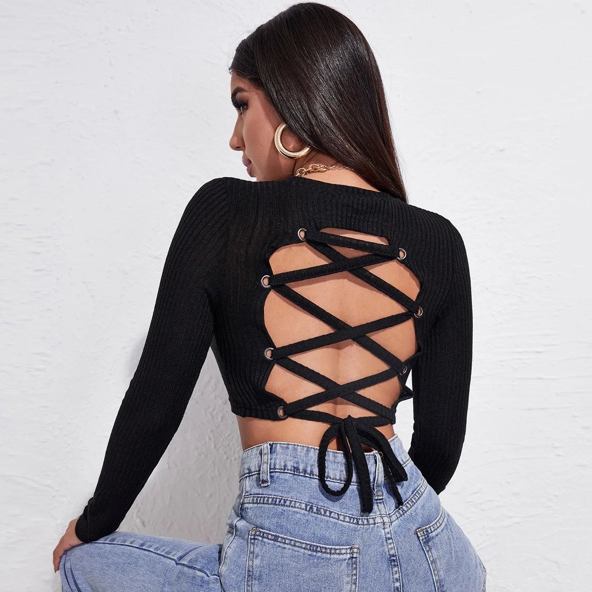 

Women's Sexy Navel Exposed Long-Sleeved Top, Slim Bottom Shirt, Back Open Back T-Shirt, Strapping, Spring, Summer, 2022