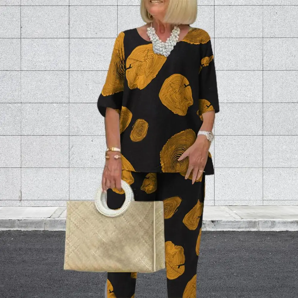 

2 Pcs/Set Chic Pullover Ankle Length Grandma Blouse Pants Suit Wear-resistant Grandma Tops Pants Set Summer for Home Wear
