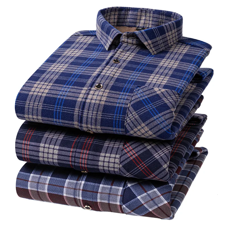 For Man Fashion Plaid Autumn Winter Casual Business Men's Double-sided Fleece Plus Velvet Thick Warm Shirt Clothing