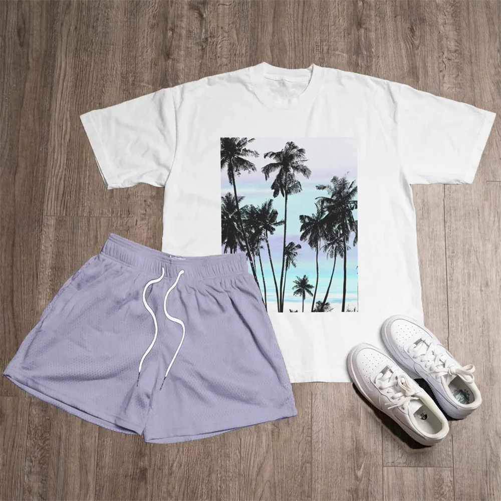 2023 Summer New Print Pattern Street Men's Clothing Daily Outdoor Casual T-shirt Shorts Two Piece Beach Unisex Minimalist Set