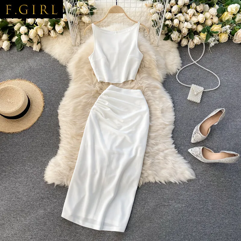 F GIRLS Summer 2022 New Temperament 2 Pcs Women Set O Neck Sleeveless Short Shirt + High Waist Hip Split Skirt Slim Suit