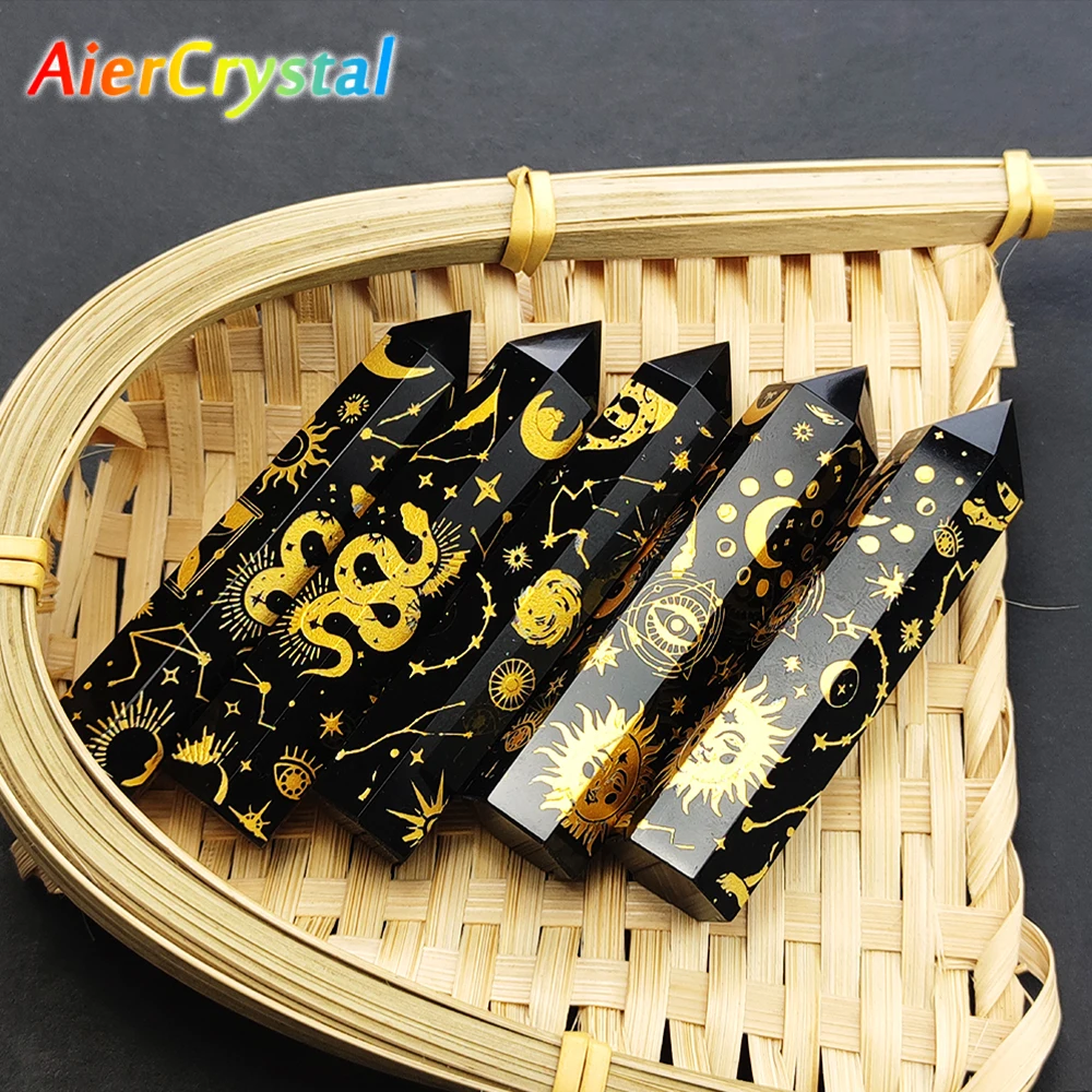 Натуральный камень и кристалл, волшебная палочка, обсидиан, украшение для дома, минеральные камни, поделки, лазерный узор солнца, луны, декор для комнаты