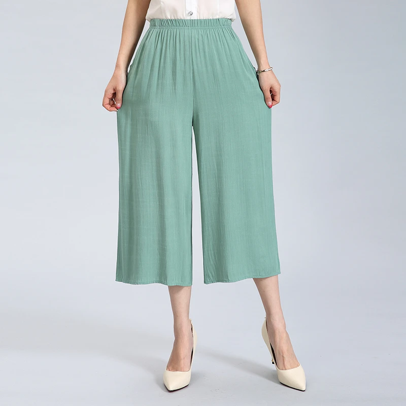 

Women's Fashion Wide Leg pants Casual Summer Linen High Waist Elastic Waist Loose Culotte Trousers Cropped Pants