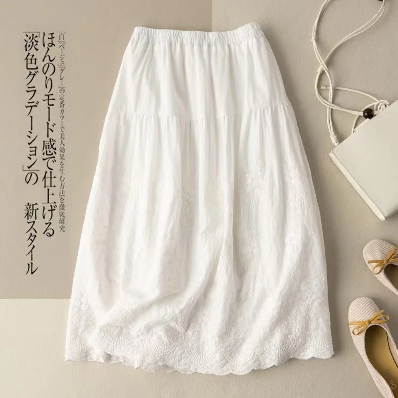 

Cotton Linen Skirt Women's Embroidered A-line Skirt 2023 Women's Retro White Long Skirt