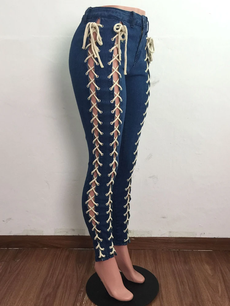 Sexy Bandage Denim Pencil Pants Women Side Lace Up Ripped Hollow Out Fashion Y2K Bottoms High Waist Jeans Long Trousers