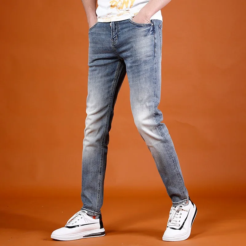 Summer Jeans Men Slim Fit Straight Leg Pants 2022 New Streetwear Casual Light Blue Stretch Denim Trousers