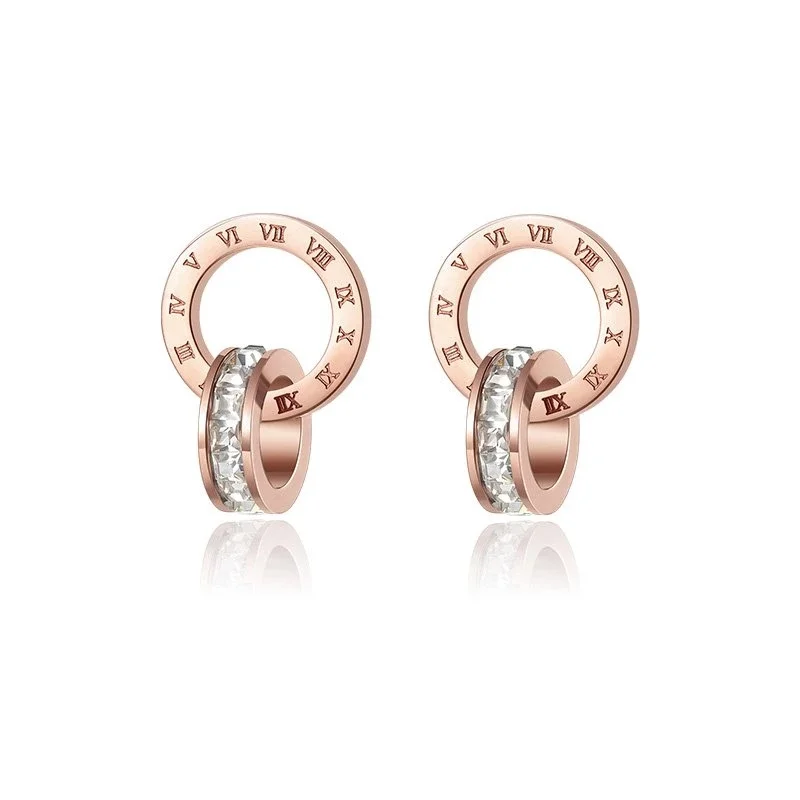 

Женские серьги-гвоздики из нержавеющей стали под розовое золото с цирконием и римскими цифрами