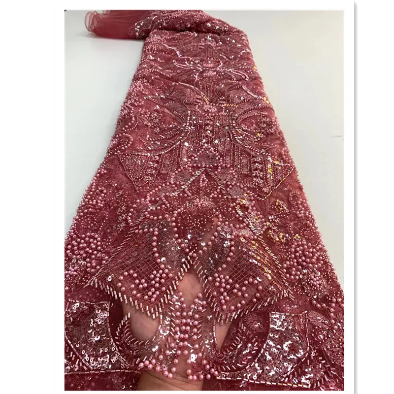 

2022 good quality african beads net tulle lace fabric beautiful 5yards african beads mesh lace for wedding ZX5012