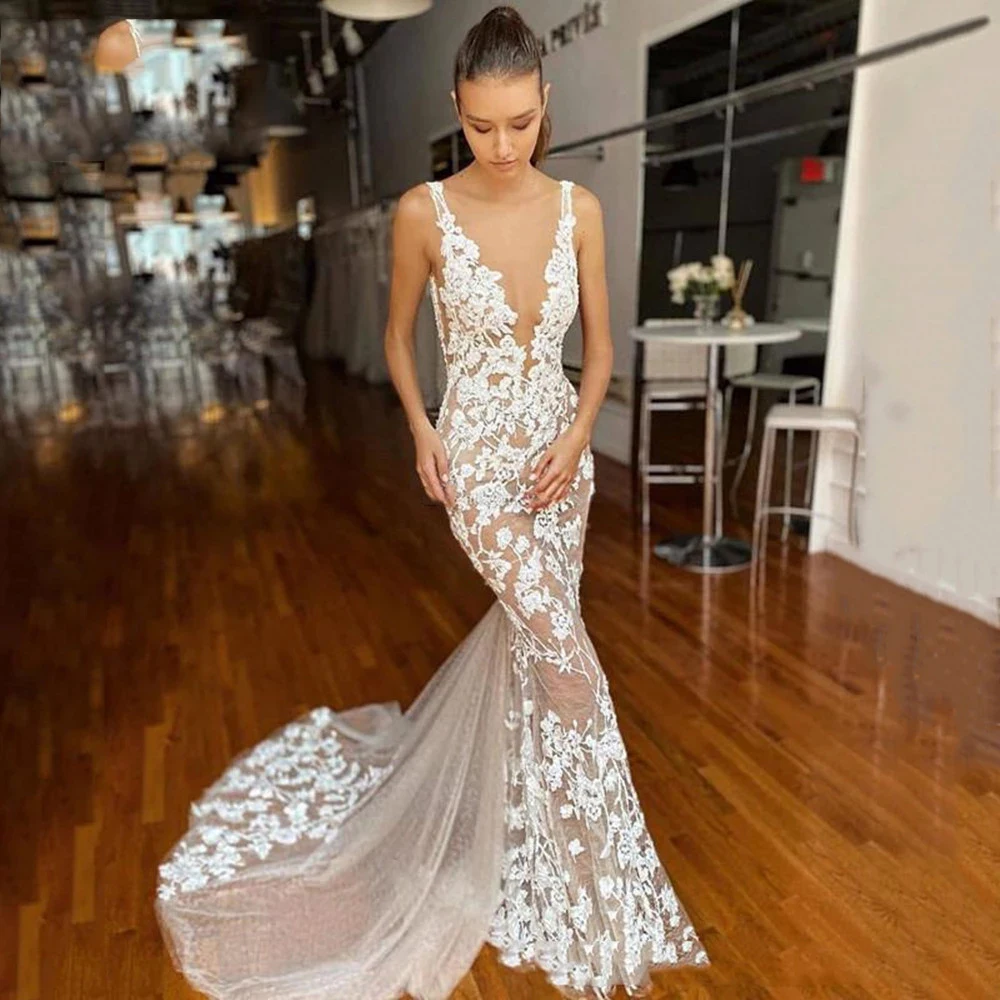 

Luxurious Sexy Mermaid Wedding Dresses 2023 For Women Flowers Embroidery Bridal Gowns Grace V-Neck Mermaid Vestidos Robe Mariée