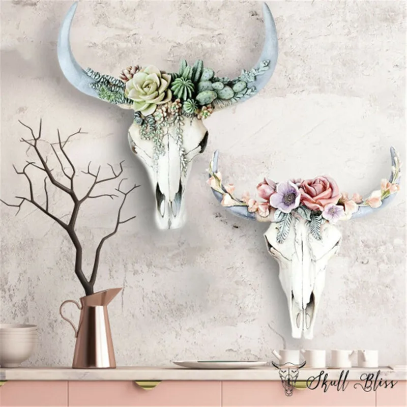 

3D Animal Wall Decor Flower Cow Skull Resin Wall Ornament Home Decoration Crafts Bull Head Pendant Durable Wall Hanging Ornament