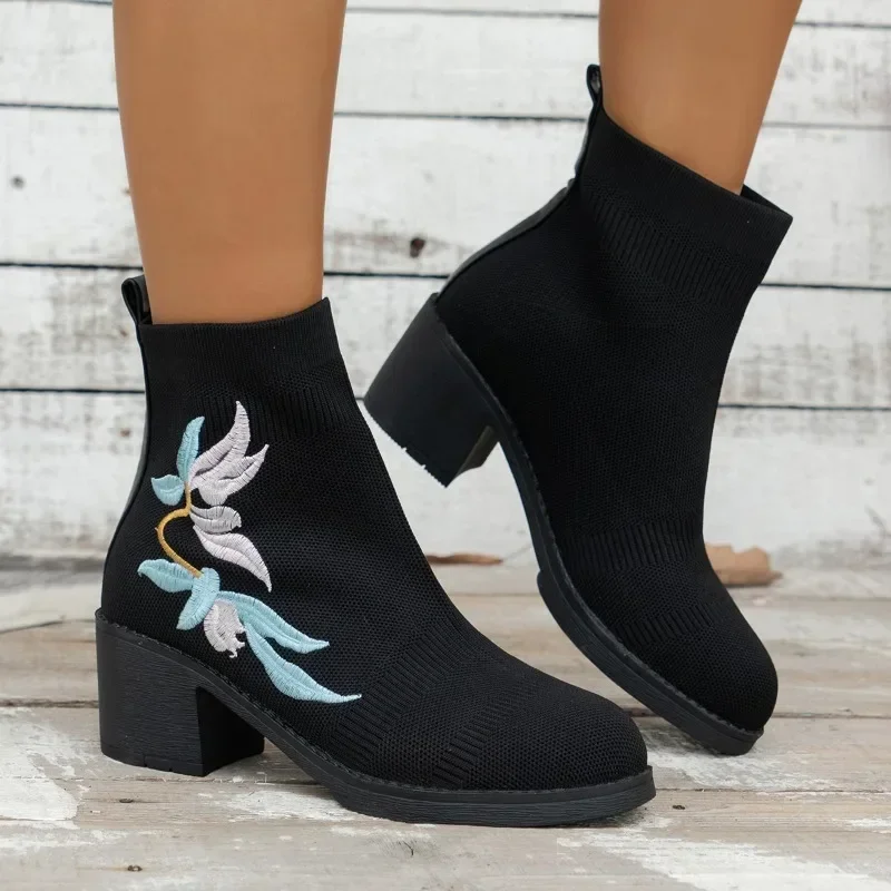 

Женские ботинки без шнуровки, черные однотонные ботинки из сетчатой ткани, с круглым носком, на среднем каблуке, большие размеры, осень 2023