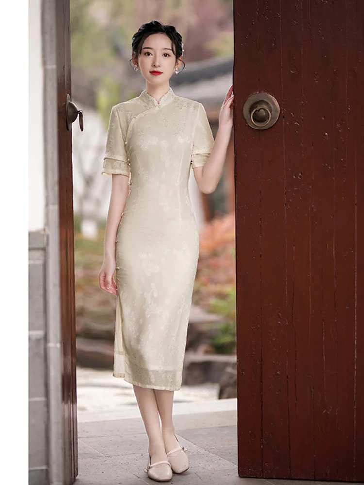 

Champagne Long Cheongsam Women Dress Literary Fairy Cheongsam Summer