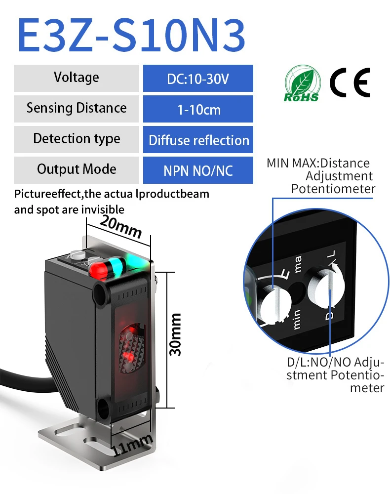 GTRIC диффузный фотоэлектрический датчик E3Z квадратный инфракрасный датчик фотоэлемента 10-30 В постоянного тока NPN PNP 3-хорошее расстояние обнаружения 30 см