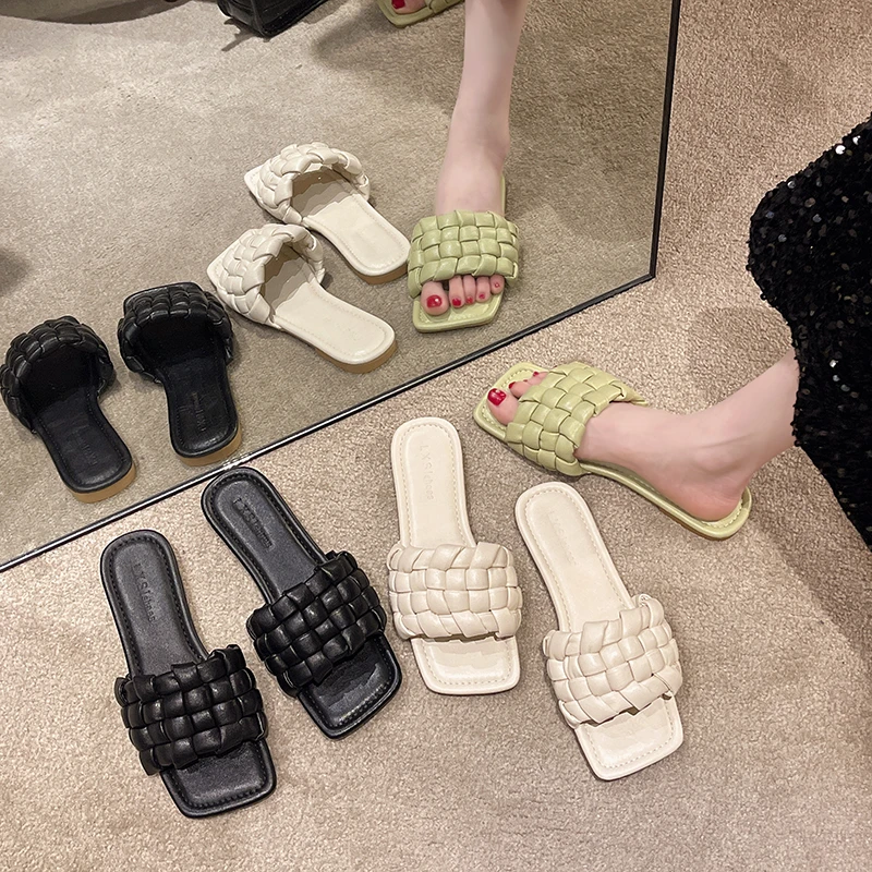 

Shoes Slippers Soft Slides Summer Clogs Woman Square Toe Low Pantofle Fashion Comfort Beach 2023 Luxury Flat Rome Casual Rubber