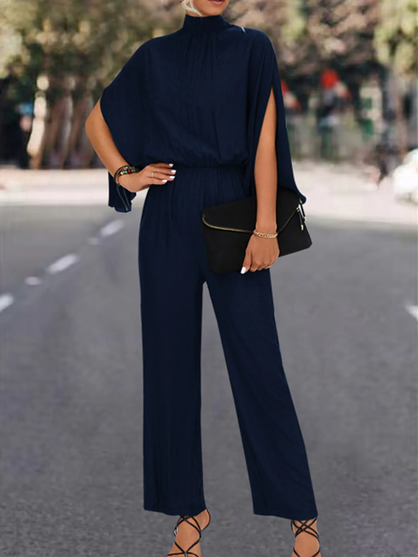 

Fashion Women's Spring/Summer Green High Neck Bat Sleeve Bodysuit Elegant Women's Short Sleeve Hollow Out Casual Bodysuit