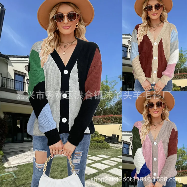 Купи 2022 New Fashion Casual Knitted Cardigan Long Sleeve Color Contrast Single breasted Coat Sweater за 444 рублей в магазине AliExpress