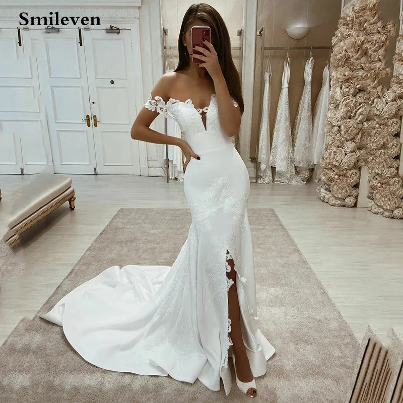 

Свадебное платье с открытыми плечами и юбкой годе Smileven, кружевное свадебное платье без рукавов с разрезом, свадебные платья, мягкое атласное платье
