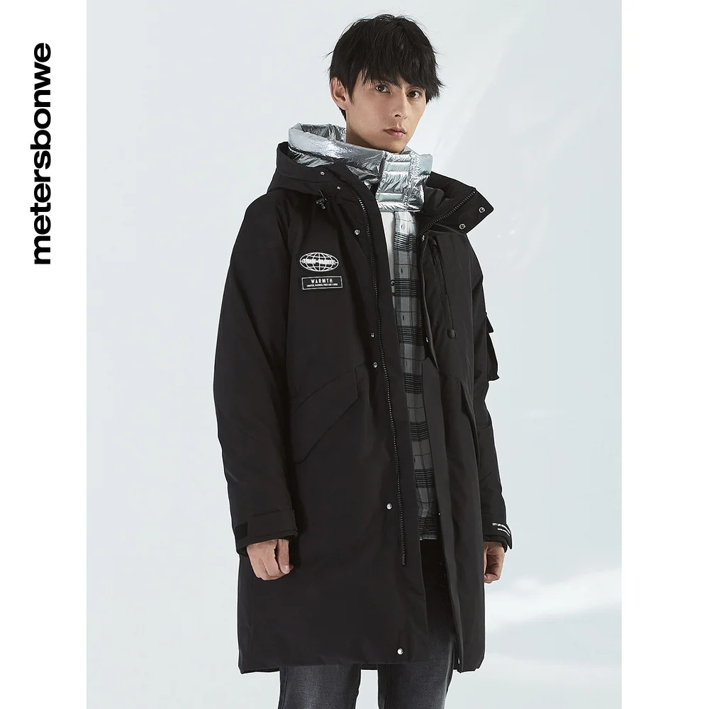 Metersbonwe  Solid Color Down Jacket Men Winter Warm 80% Gray Duck Down Hooded  Anti-snow Medium Length  Warm Down