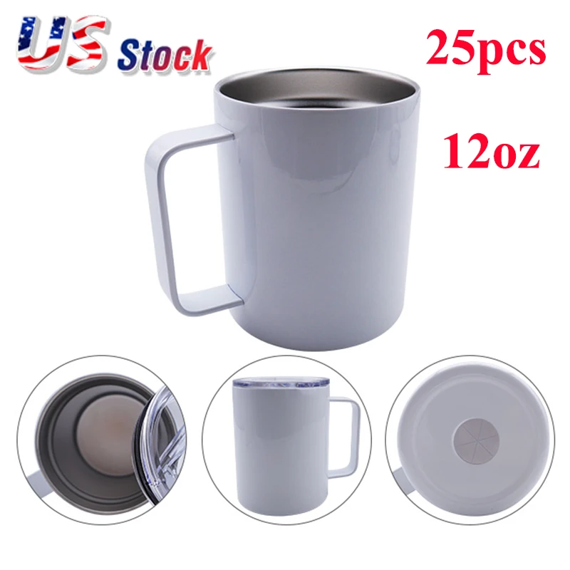 

25pcs 12oz Sublimation Blank Stainless Steel Coffee Mugs Tumbler White Double Wall Vacuum Insulated with Handle and Sliding Lid